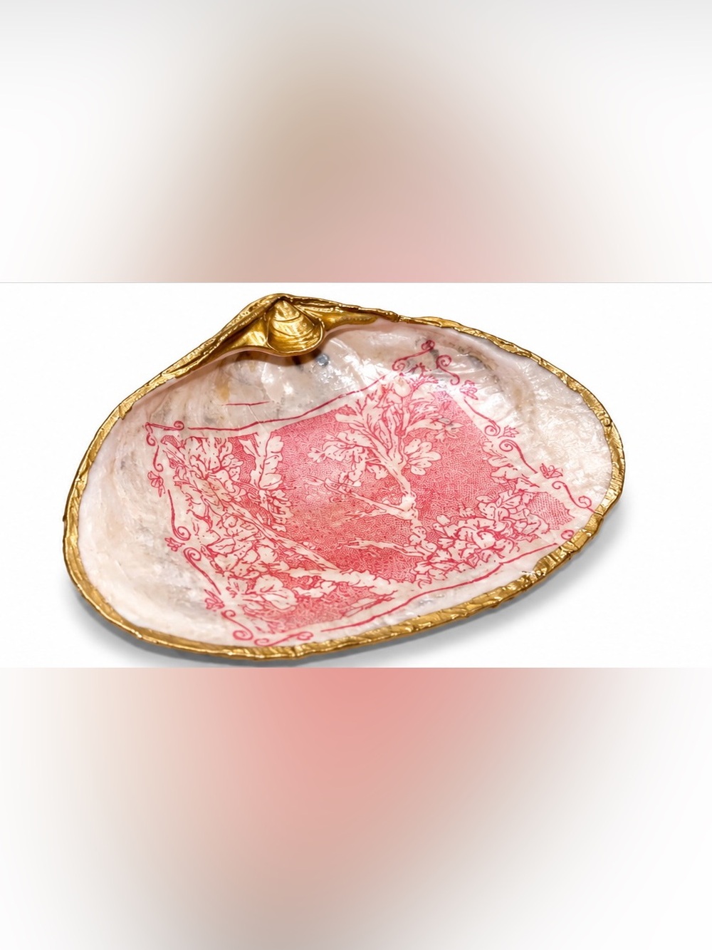 Shell Jewelry Dish with Pink Floral Design